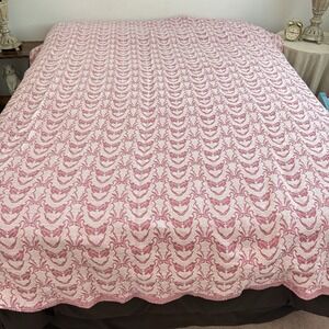 Vintage Jacquard Woven Bedspread Pink White Full Queen Coverlet 96x80